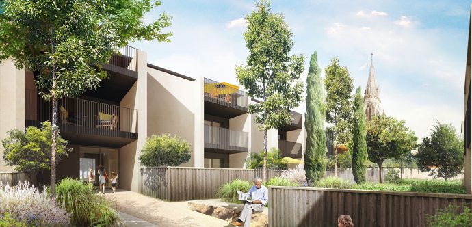 Allée commune arborée entre les deux bâtiments de la résidence neuve Vision'R
