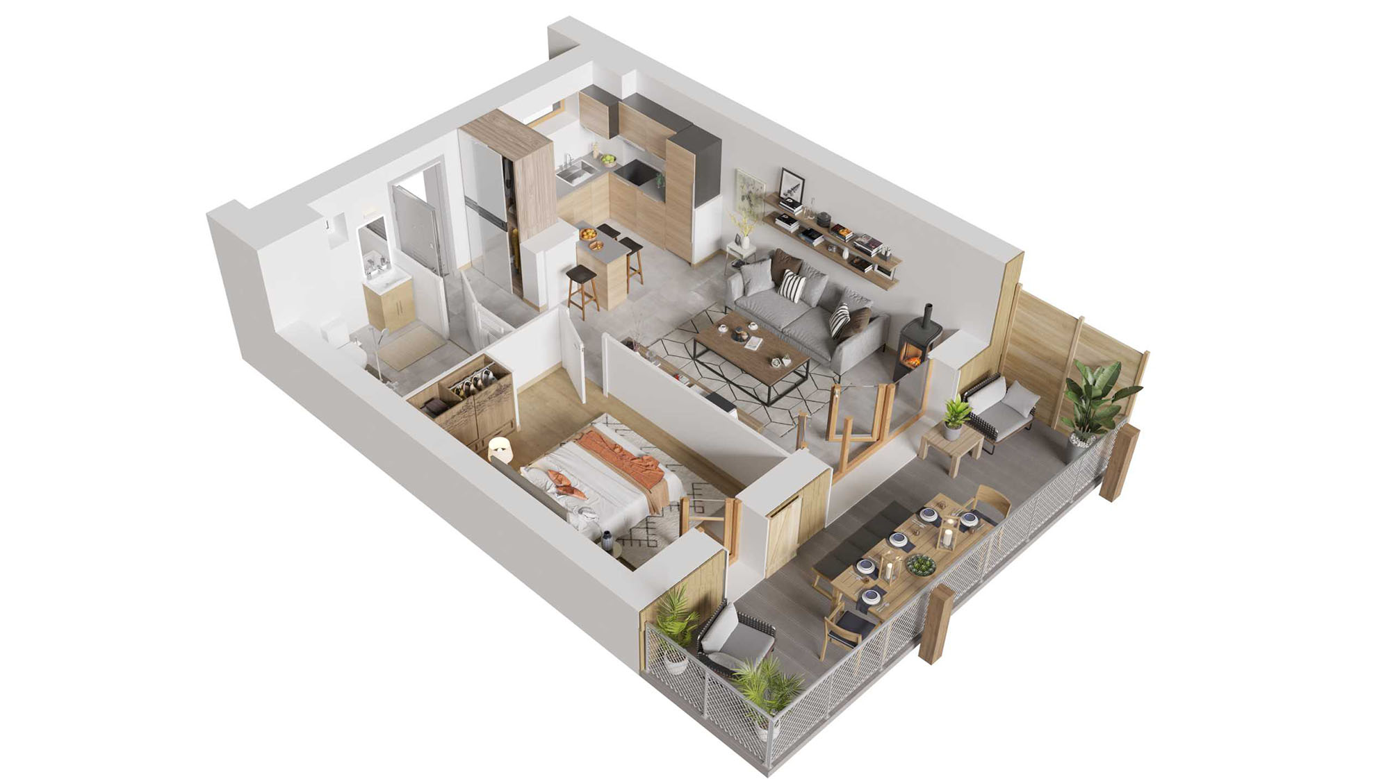 Plan axonométrique d'un appartement neuf 2 pièces à Ambarès et Lagrave