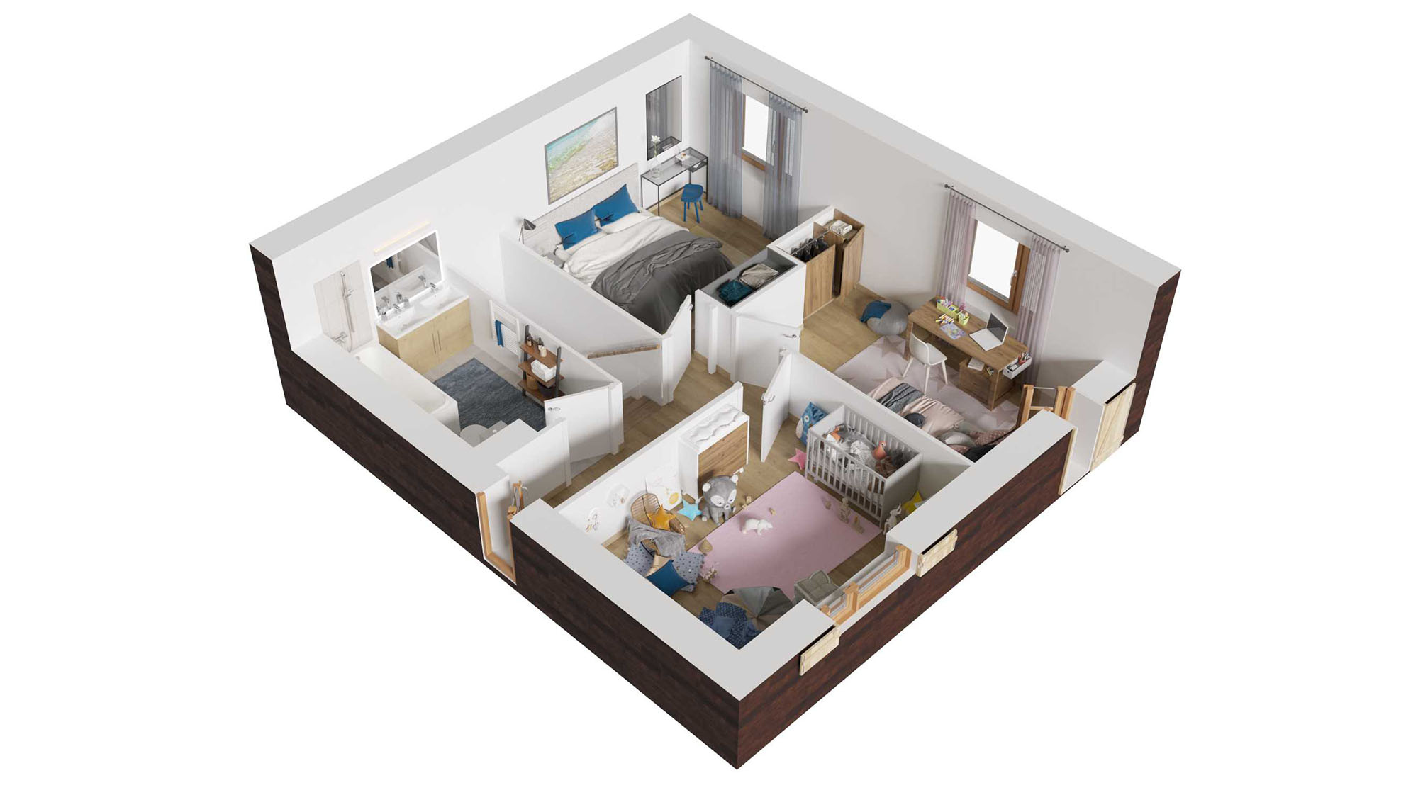 Plan axonométrique d'un appartement neuf en duplex à l'étage 4 pièces à Ambarès et Lagrave