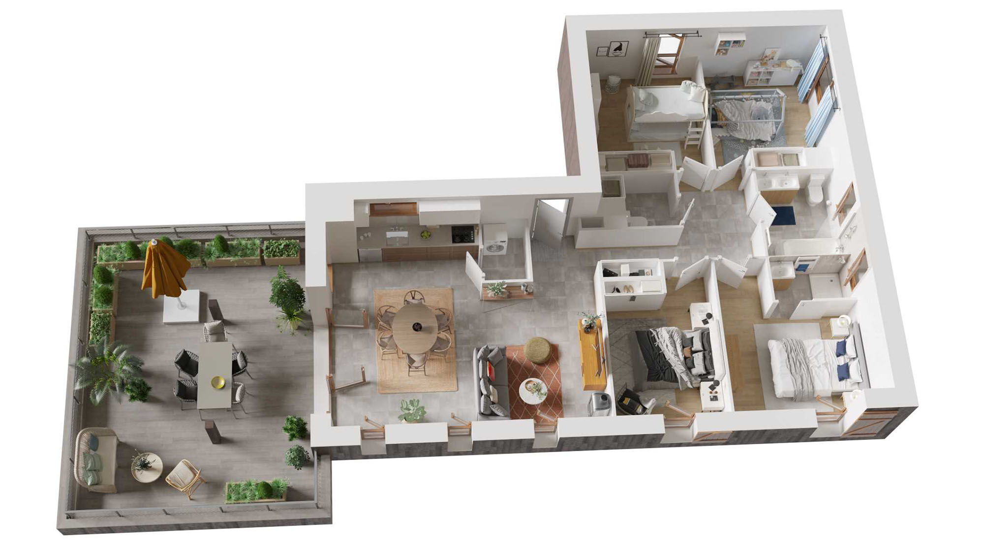 Plan axonométrique d'un appartement neuf 5 pièces à Ambarès et Lagrave