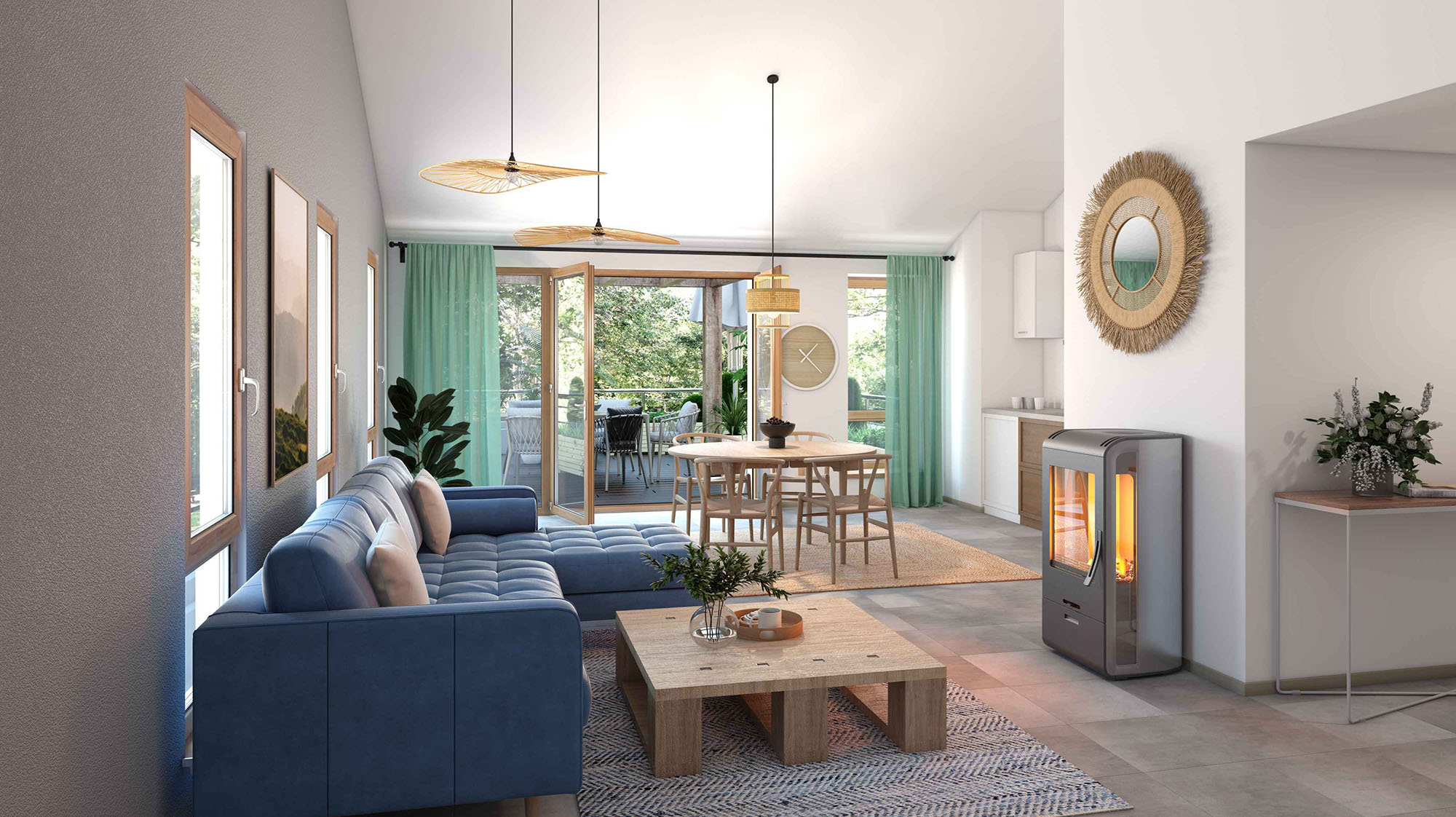 Grand salon avec cuisine ouverte et accès terrasse par bais vitrée