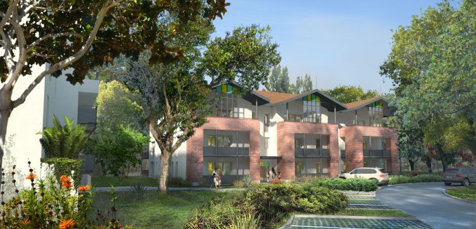 L'entrée de la résidence les Floréales à Audenge à l'architecture Arcachonaise et ses 24 appartements neufs dont séniors