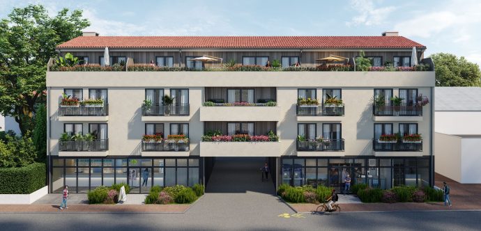 Entrée de la résidence neuve à Villenave d'ornon 33 - 21 appartements neufs parking et terrasse et balcon