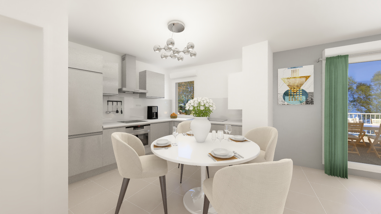 Cuisine ouverte avec table à manger